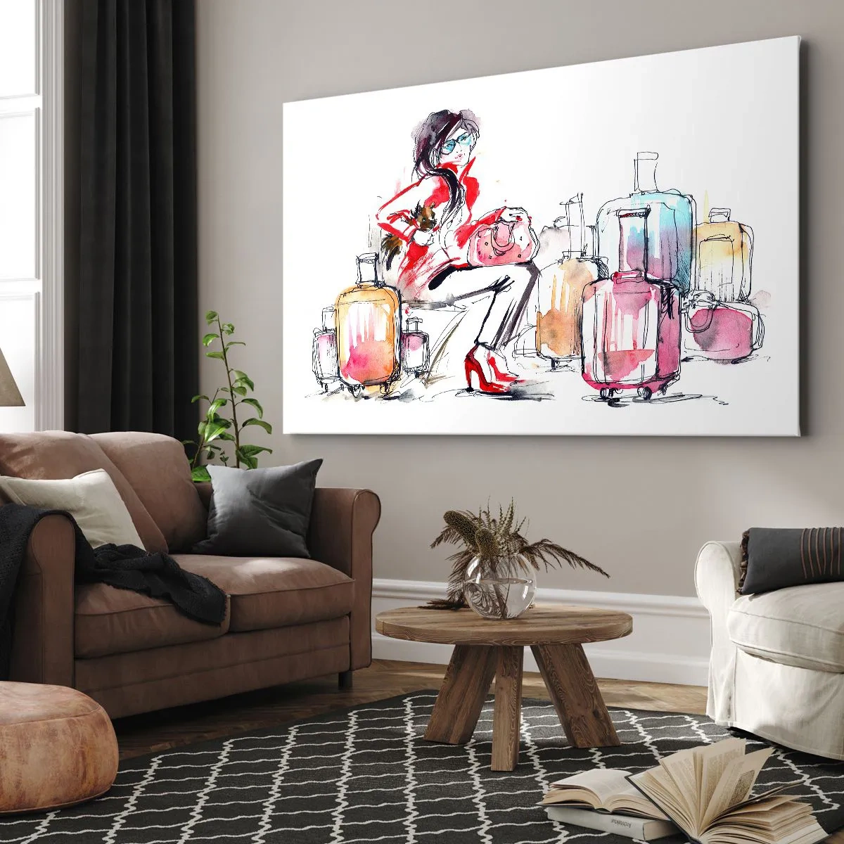 Tablou pe pânză Canvas - O femeie cu valize într-o ilustrație dinamică în acuarelă - 70x50cm - Să ne așezăm înainte de călătorie - Decorațiune modernă pentru perete pentru living și dormitor ARTTOR