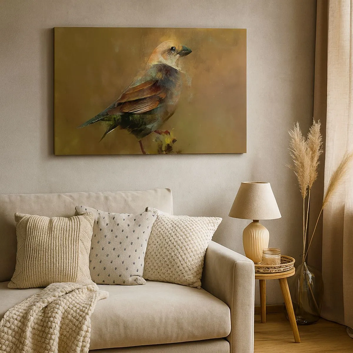 Tablou pe pânză Canvas - O interpretare artistică a unei vrăbii pe un fundal maro - 70x50cm - Vrăbiuță, o pasăre micuță - Decorațiune modernă pentru perete pentru living și dormitor ARTTOR