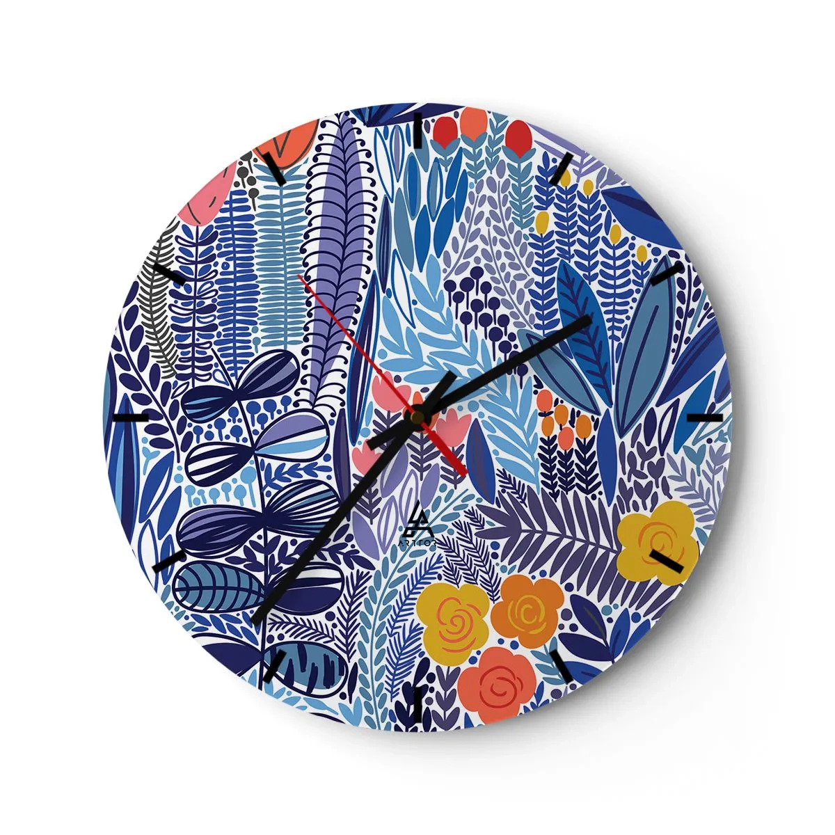 Ceas de perete - Ceas pe sticlă - Motiv vegetal colorat într-un stil grafic - 30x30cm - Grădină havaiană - Decorațiune modernă pentru perete pentru living, bucătărie și dormitor ARTTOR