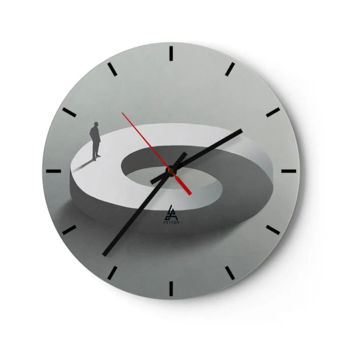 Ceas de perete - Ceas pe sticlă - O siluetă neagră a unui bărbat care stă pe o pistă albă în spirală. - 30x30cm - Înțelegi ceva? - Decorațiune modernă pentru perete pentru living, bucătărie și dormitor ARTTOR