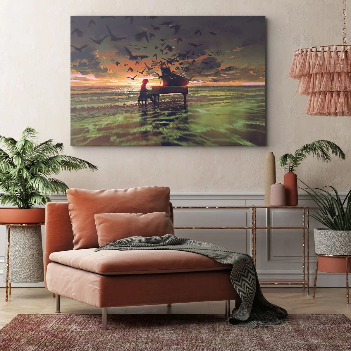 Tablou pe pânză Canvas - Un pian pe malul mării la apus cu păsări - 70x50cm - Concert pentru pian și valuri - Decorațiune modernă pentru perete pentru living și dormitor ARTTOR