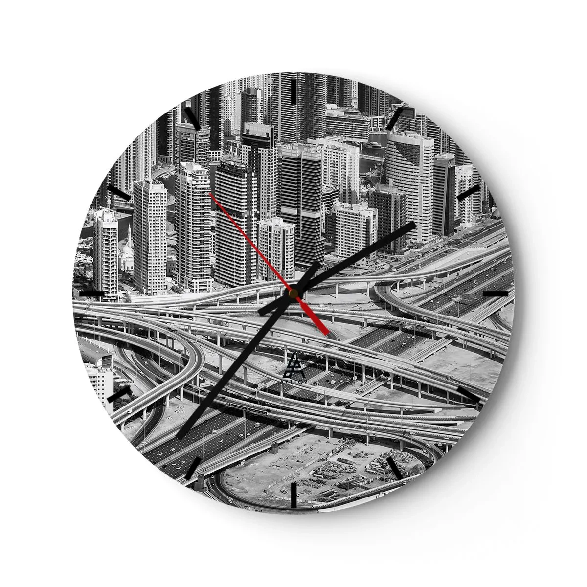 Ceas de perete - Ceas pe sticlă - O fotografie alb-negru a unui oraș cu o rețea densă de autostrăzi. - 30x30cm - Dubai - orașul imposibil - Decorațiune modernă pentru perete pentru living, bucătărie și dormitor ARTTOR