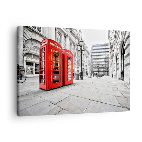 Tablou pe pânză Canvas - Cabine telefonice roșii pe fundalul peisajului urban - 70x50cm - Welcome to London - Decorațiune modernă pentru perete pentru living și dormitor ARTTOR