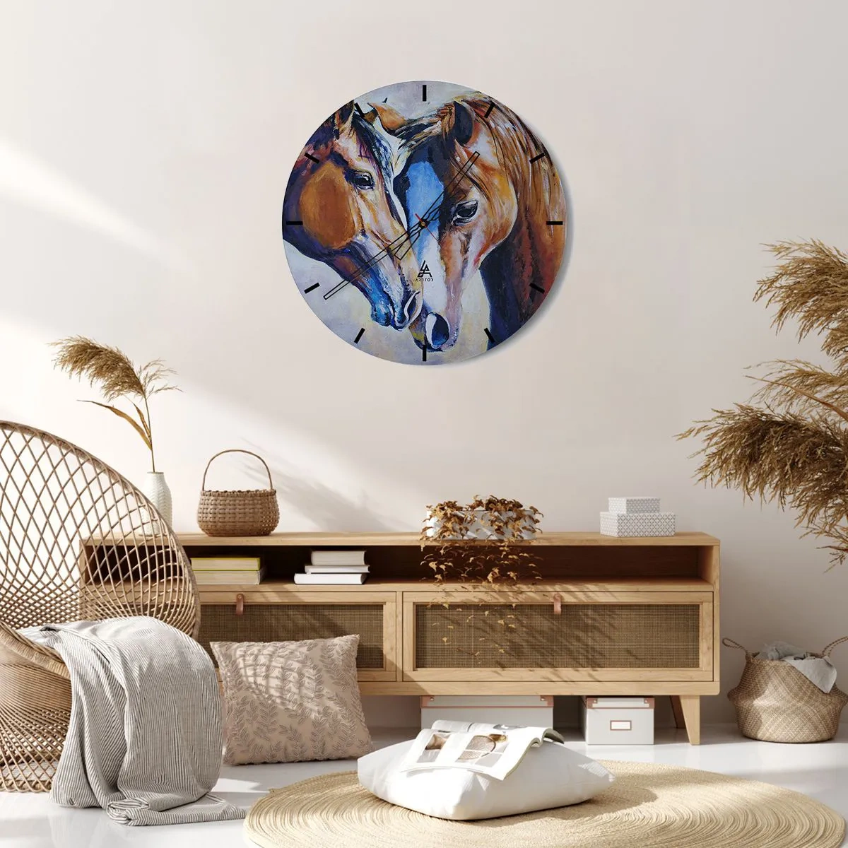 Ceas de perete - Ceas pe sticlă - O pictură reprezentând doi cai într-un stil pictural cu culori vii. - 30x30cm - Două suflete apropiate - Decorațiune modernă pentru perete pentru living, bucătărie și dormitor ARTTOR