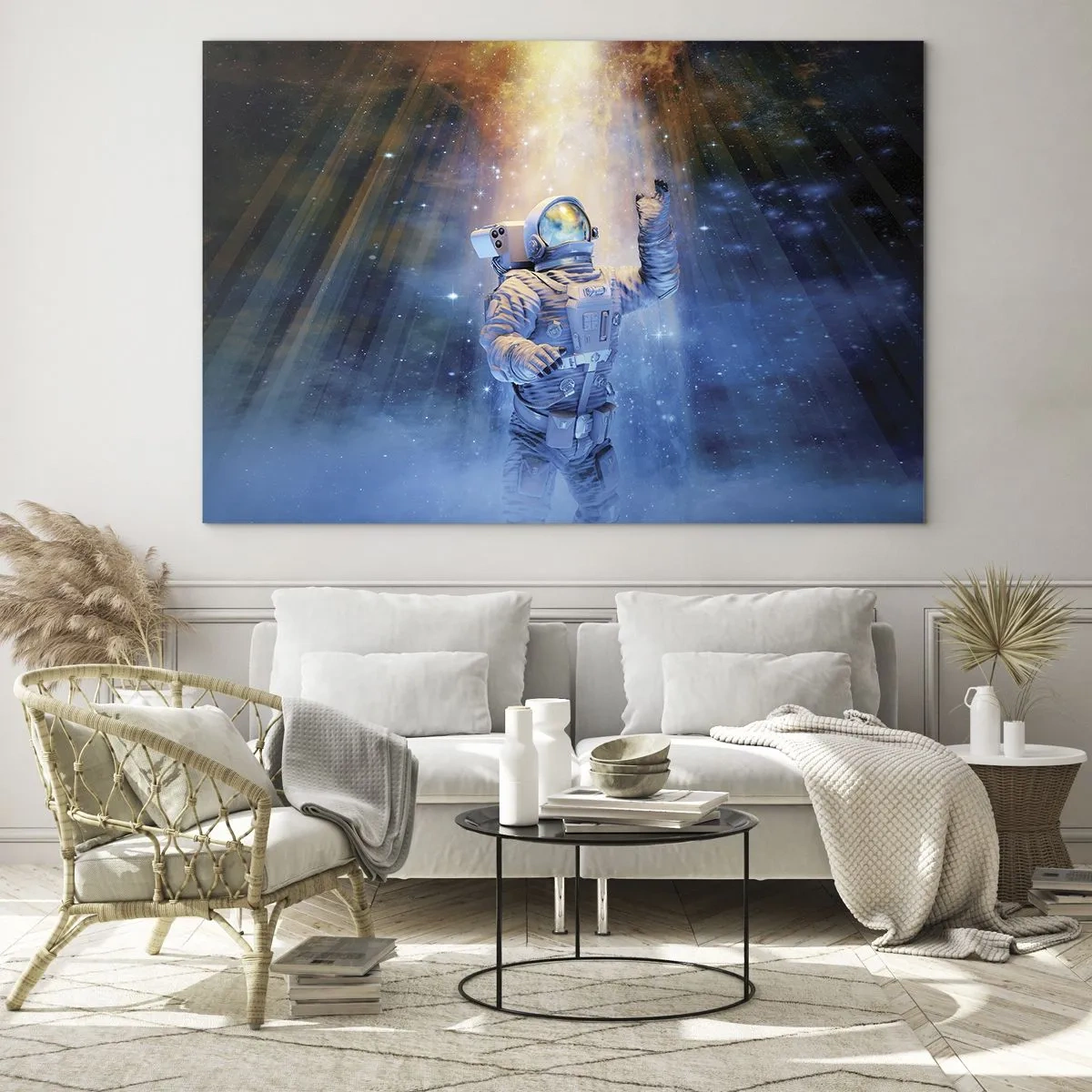 Tablou pe sticlă - Un astronaut în spațiu, iluminat de raze de lumină - 70x50cm - În cele din urmă am ajuns - Decorațiune modernă pentru perete pentru living și dormitor ARTTOR