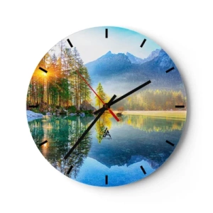 Ceas de perete - Ceas pe sticlă - Lac de munte în zori cu reflexii ale copacilor și vârfurilor - 30x30cm - Maiestate și dulceață - Decorațiune modernă pentru perete pentru living, bucătărie și dormitor ARTTOR