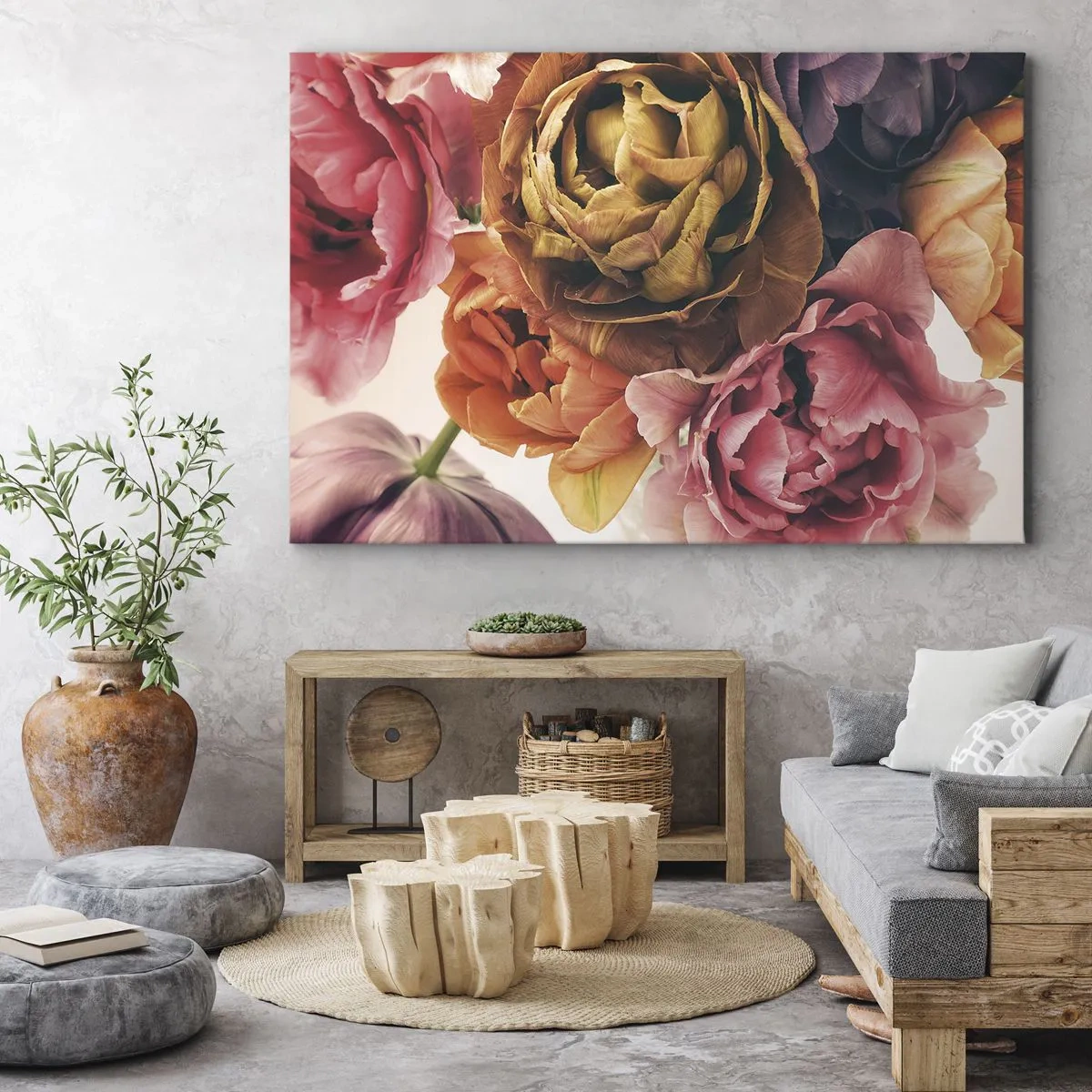 Tablou pe pânză Canvas - Un buchet de flori diverse în culori intense - 70x50cm - Sărbătorirea vieții - Decorațiune modernă pentru perete pentru living și dormitor ARTTOR