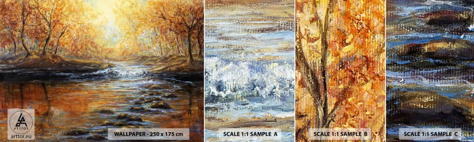 Mostră de Tapet Standard Eco - Pârâul de aur - Peisaj, pârâu de munte, pădure - 100x30 cm