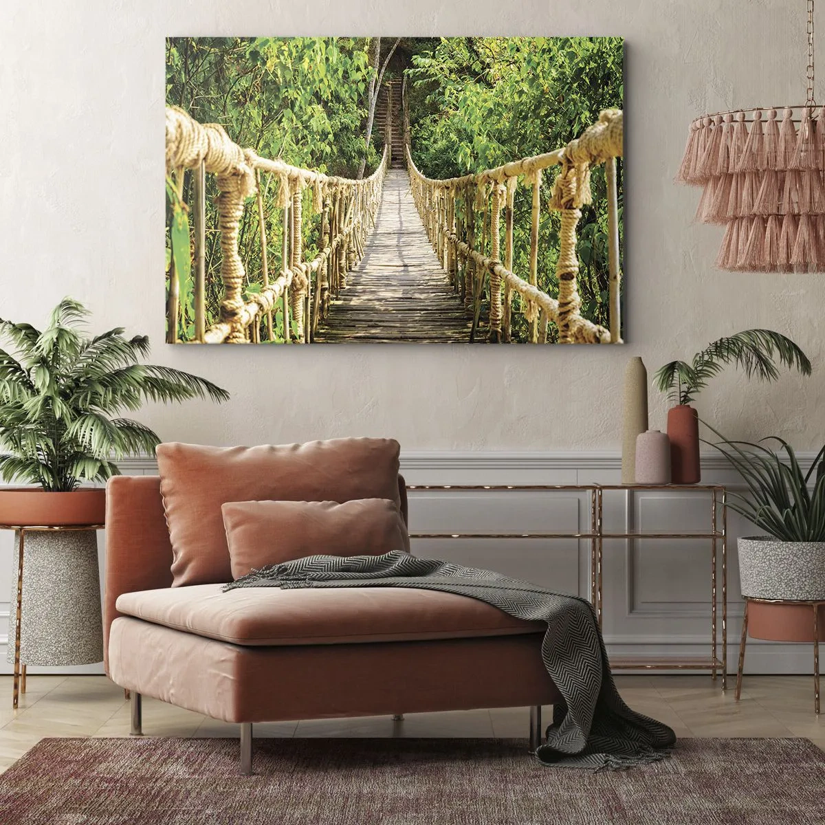 Tablou pe pânză Canvas - Un pod suspendat într-o pădure tropicală plină de verdeață - 70x50cm - Suspendat în verde - Decorațiune modernă pentru perete pentru living și dormitor ARTTOR
