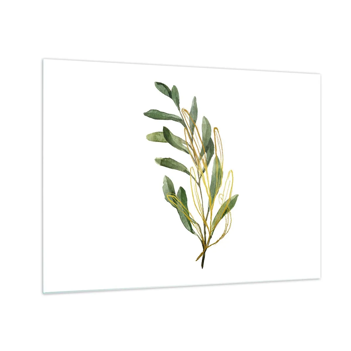Tablou pe sticlă - O creangă verde cu un accent auriu delicat - 70x50cm - Toate cele bune - Decorațiune modernă pentru perete pentru living și dormitor ARTTOR