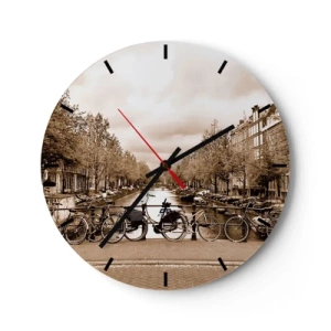 Ceas de perete - Ceas pe sticlă - Canalul Sepia Bike - 30x30cm - Atmosfera olandeză - Decorațiune modernă pentru perete pentru living, bucătărie și dormitor ARTTOR