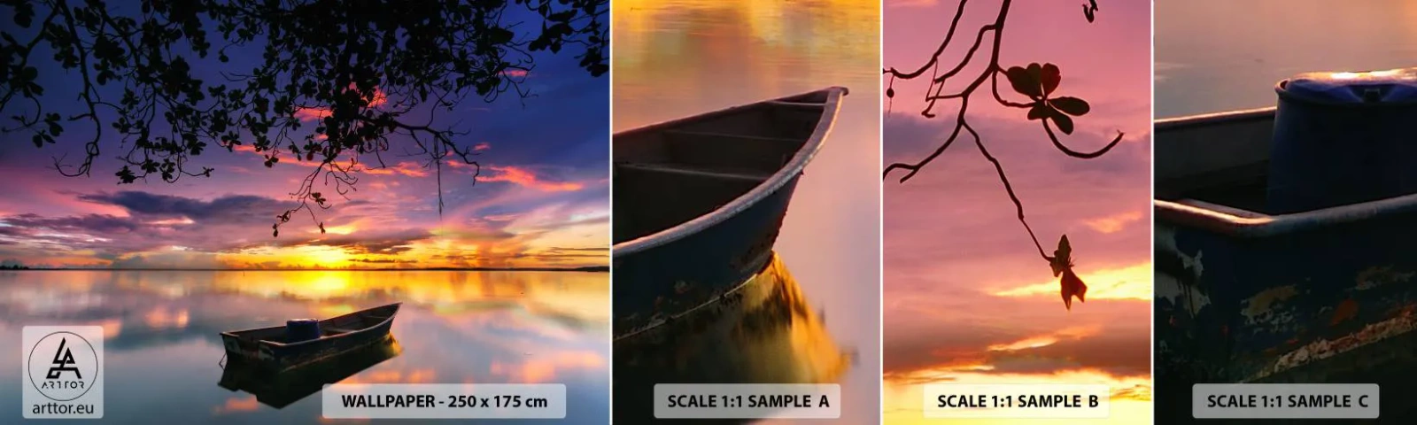 Mostră tapet autocolant Deluxe Sticker - "Pari să plutești în mijlocul cerului...” - Peisaj, Apus de soare, Lac - 100x30 cm