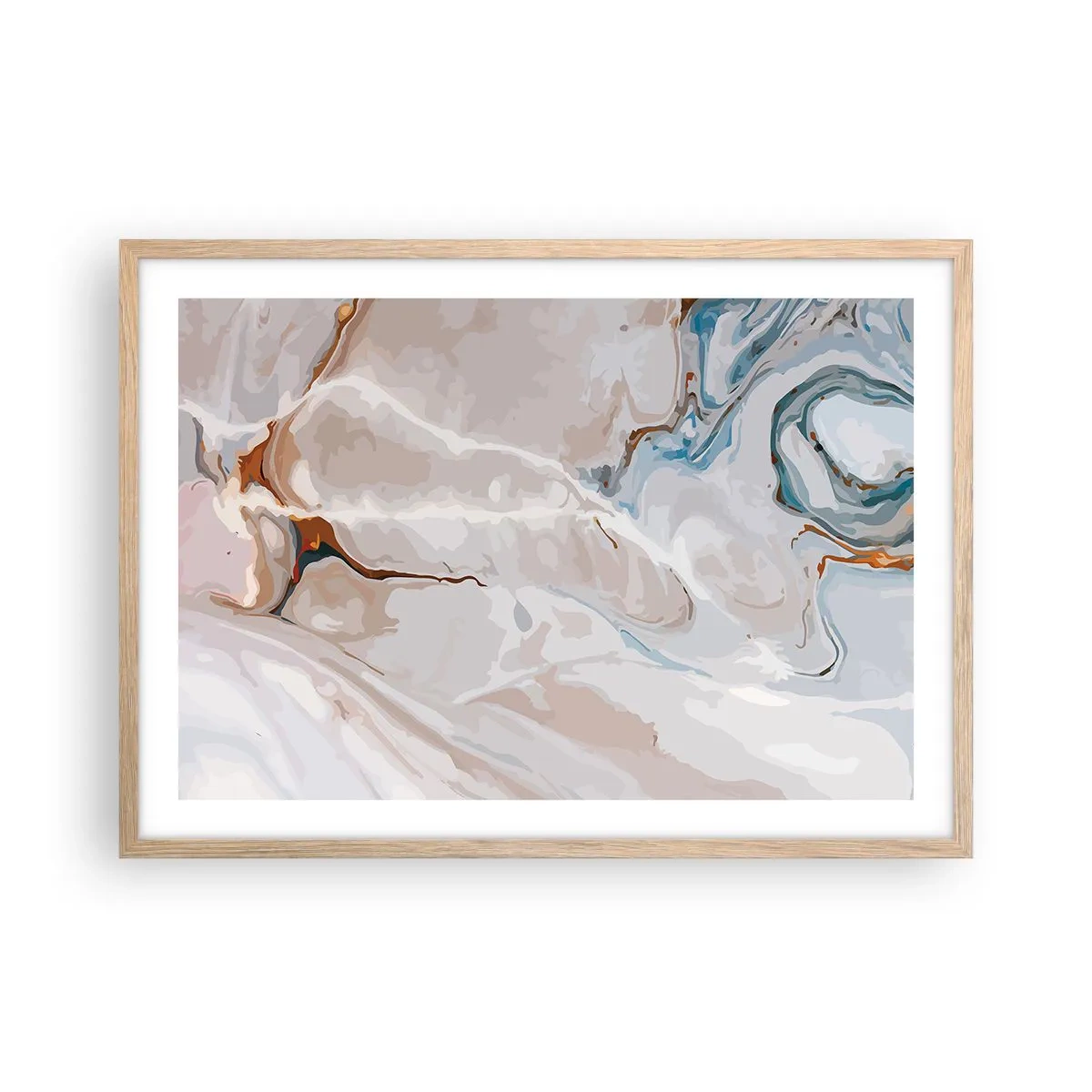 Poster în ramă de stejar deschis - Meandre albastre sub alb - 70x50 cm