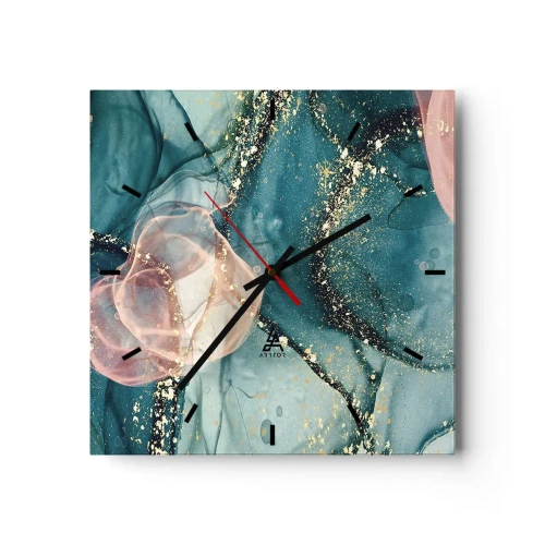 Ceas de perete - Ceas pe sticlă - Mătase albastră, tul roz - 40x40 cm