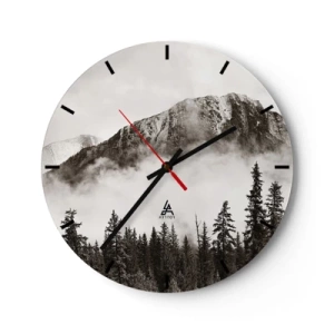 Ceas de perete - Ceas pe sticlă - Peisaj montan cu pădure într-o atmosferă cețoasă - 30x30cm - Stăpânul de granit - Decorațiune modernă pentru perete pentru living, bucătărie și dormitor ARTTOR