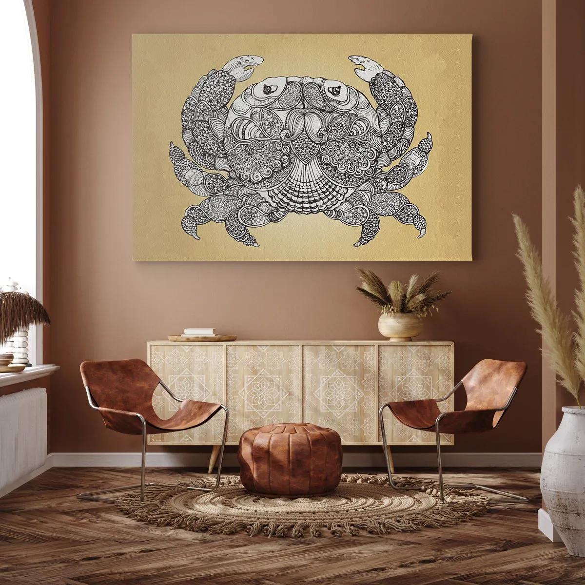Tablou pe pânză Canvas - Desen decorativ al unui crab pe fundal auriu - 70x50cm - Poveștile Domnului Crab - Decorațiune modernă pentru perete pentru living și dormitor ARTTOR
