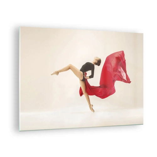 Tablou pe sticlă - Un dansator într-o săritură dinamică cu material roșu - 70x50cm - Roșu și negru - Decorațiune modernă pentru perete pentru living și dormitor ARTTOR