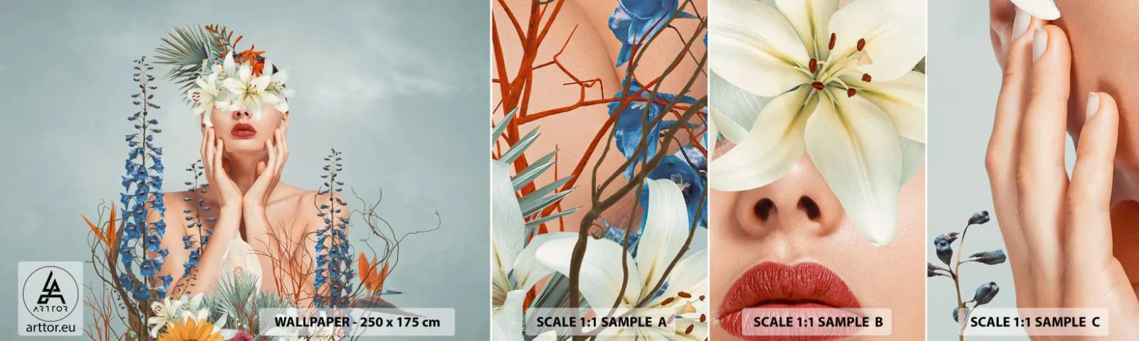 Mostră tapet autocolant Deluxe Sticker - Femeia floare - Abstracția, Femeie, Flori - 100x30 cm