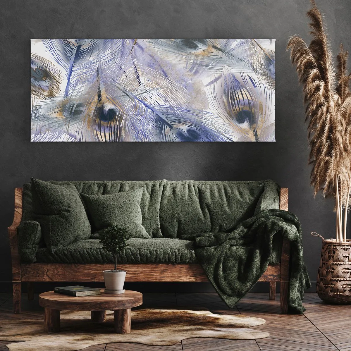 Tablou pe pânză - Compoziția penelor de păun - 90x30 cm