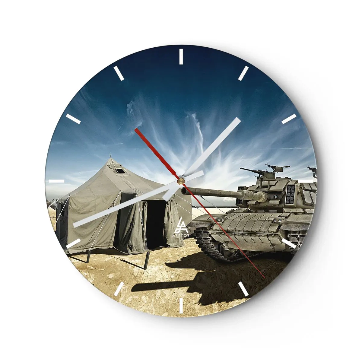 Ceas de perete - Ceas pe sticlă - Un tanc și un cort pe un cer albastru - 30x30cm - Un vis militar - Decorațiune modernă pentru perete pentru living, bucătărie și dormitor ARTTOR
