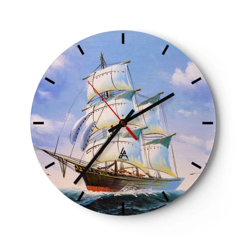 Ceas de perete - Ceas pe sticlă - Bărci cu pânze pictate pe o mare furtunoasă sub un cer albastru - 30x30cm - Cu mândrie în vânt - Decorațiune modernă pentru perete pentru living, bucătărie și dormitor ARTTOR