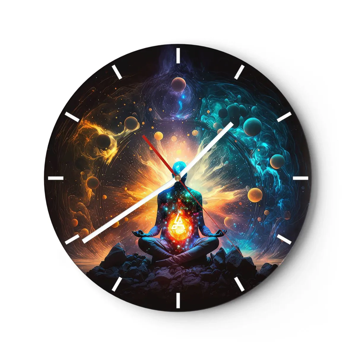 Ceas de perete - Ceas pe sticlă - O figură în meditație înconjurată de energie cosmică și planete. - 30x30cm - Liniște cosmică - Decorațiune modernă pentru perete pentru living, bucătărie și dormitor ARTTOR