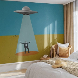 Tapet Standard Eco - Grafică a unui OZN care transportă un om în lumină, în pustiu - 100x70cm - Întâlnire de gradul III - Decorațiune modernă pentru perete pentru living și dormitor ARTTOR
