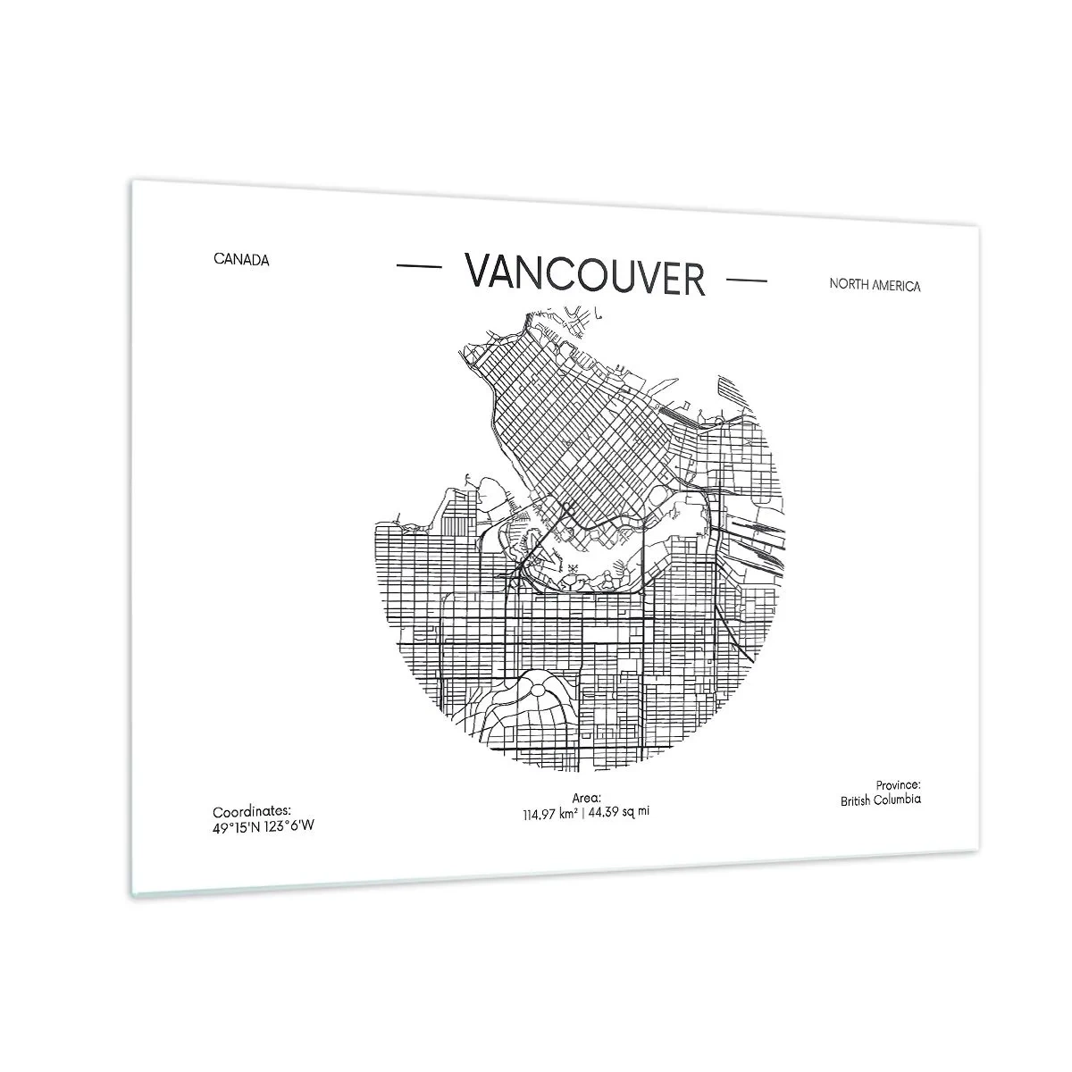 Tablou pe sticlă - Hartă stradală alb-negru a orașului Vancouver - 70x50cm - Anatomia Vacouverului - Decorațiune modernă pentru perete pentru living și dormitor ARTTOR