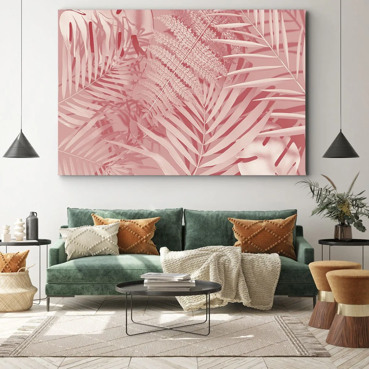 Tablou pe pânză Canvas - Frunze tropicale roz într-un stil delicat și minimalist - 70x50cm - Conceptul roz - Decorațiune modernă pentru perete pentru living și dormitor ARTTOR