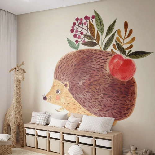 Tapet Standard Eco - Ilustrație a unui arici cu un măr și frunze pe spate - 100x70cm - Și tu deja mă placi - Decorațiune modernă pentru perete pentru living și dormitor ARTTOR