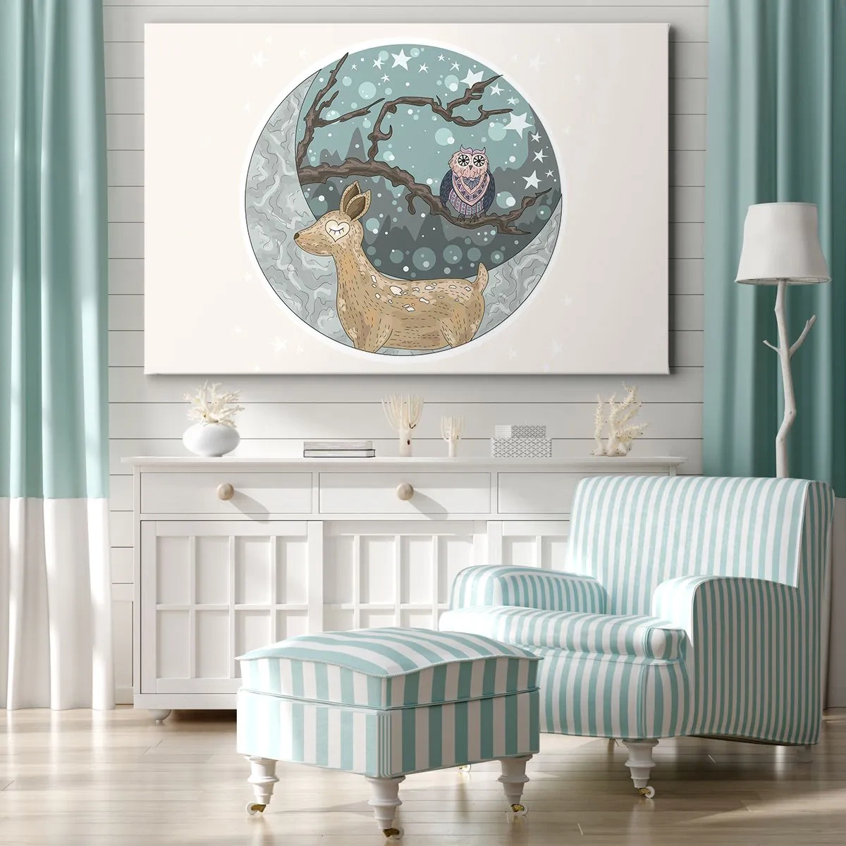 Tablou pe pânză Canvas - O căprioară și o bufniță într-un peisaj nocturn de basm - 70x50cm - O noapte în pădure de poveste - Decorațiune modernă pentru perete pentru living și dormitor ARTTOR