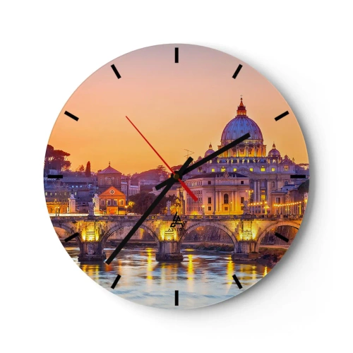 Ceas de perete - Ceas pe sticlă - Panoramă a Romei cu Bazilica Sfântul Petru la apus - 30x30cm - Amurg deasupra Orașului Etern - Decorațiune modernă pentru perete pentru living, bucătărie și dormitor ARTTOR
