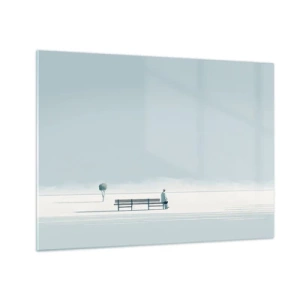 Tablou pe sticlă - O figură la o bancă într-un peisaj minimalist - 70x50cm - Da, aștept. - Decorațiune modernă pentru perete pentru living și dormitor ARTTOR
