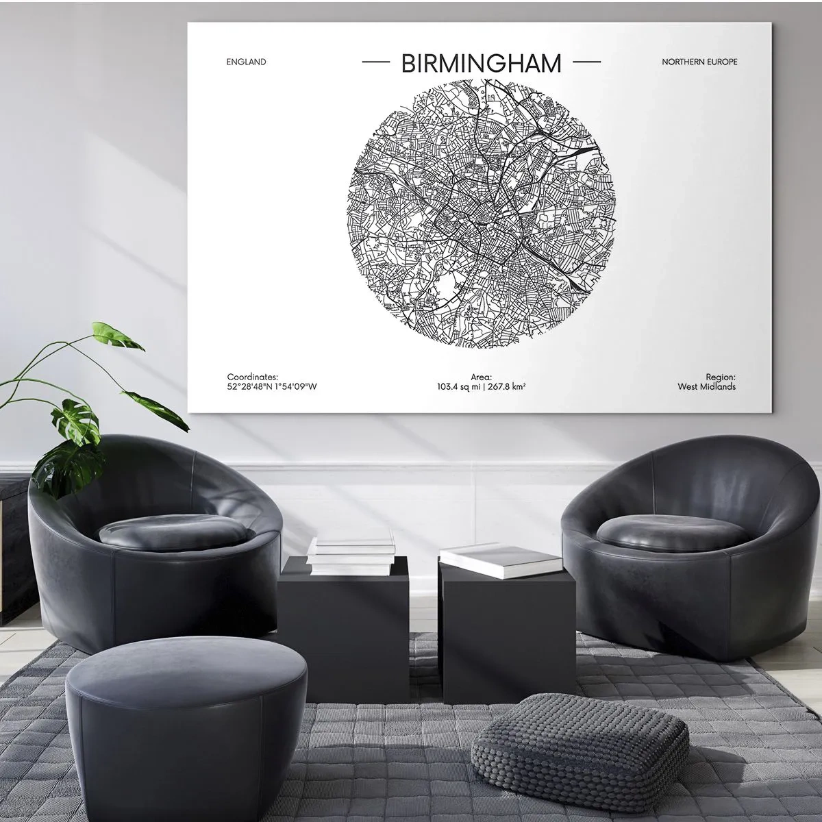 Tablou pe sticlă - Hartă alb-negru a orașului Birmingham într-un stil grafic modern - 70x50cm - Anatomia Birmingham - Decorațiune modernă pentru perete pentru living și dormitor ARTTOR