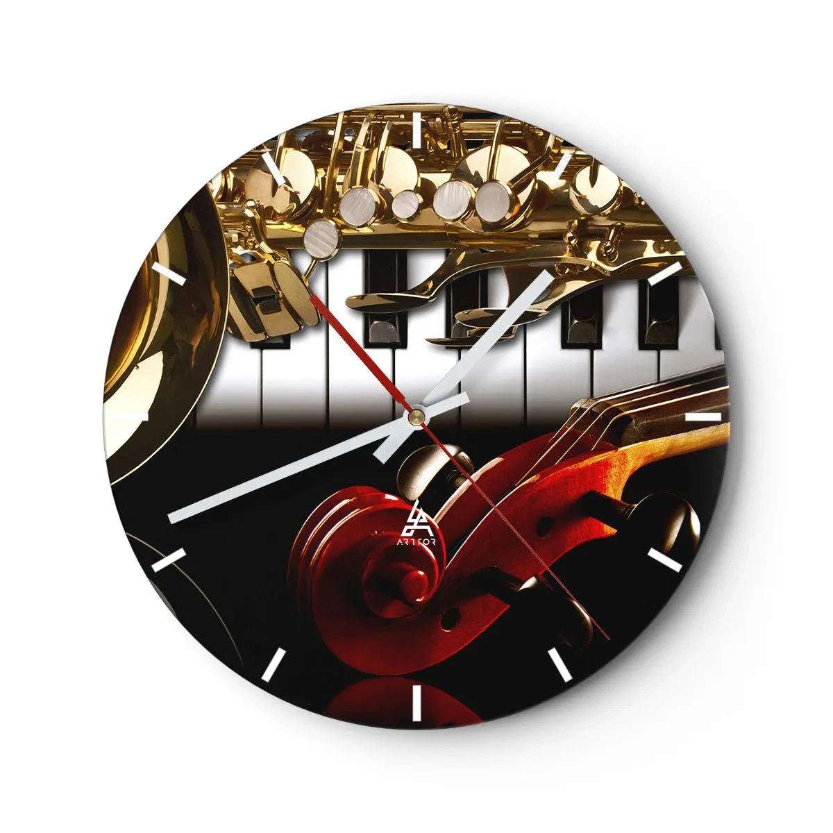 Ceas de perete - Ceas pe sticlă - O compoziție de instrumente muzicale pe fundalul unei claviaturi - 30x30cm - Tablă, lemn și fildeș - Decorațiune modernă pentru perete pentru living, bucătărie și dormitor ARTTOR