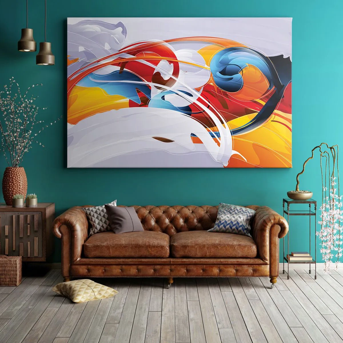 Tablou pe pânză Canvas - Abstracție colorată cu linii dinamice și culori vii - 70x50cm - Dansul elementelor - Decorațiune modernă pentru perete pentru living și dormitor ARTTOR