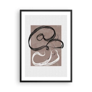Poster în ramă neagră - Compoziție abstractă cu tușe dinamice în alb și negru pe fundal maro. - 50x70cm - Compoziția - căutarea plenitudinii - Decorațiune modernă pentru perete pentru living și dormitor ARTTOR