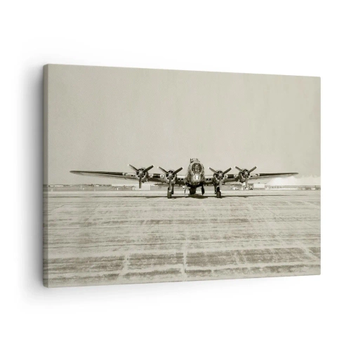 Tablou pe pânză Canvas - Avion istoric la aeroport în sepia - 70x50cm - Pregătit, ca întotdeauna - Decorațiune modernă pentru perete pentru living și dormitor ARTTOR