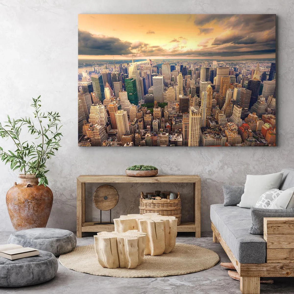 Tablou pe pânză Canvas - Panoramă a orașului cu vedere la zgârie-nori la apus - 70x50cm - O metropolă aurită - Decorațiune modernă pentru perete pentru living și dormitor ARTTOR