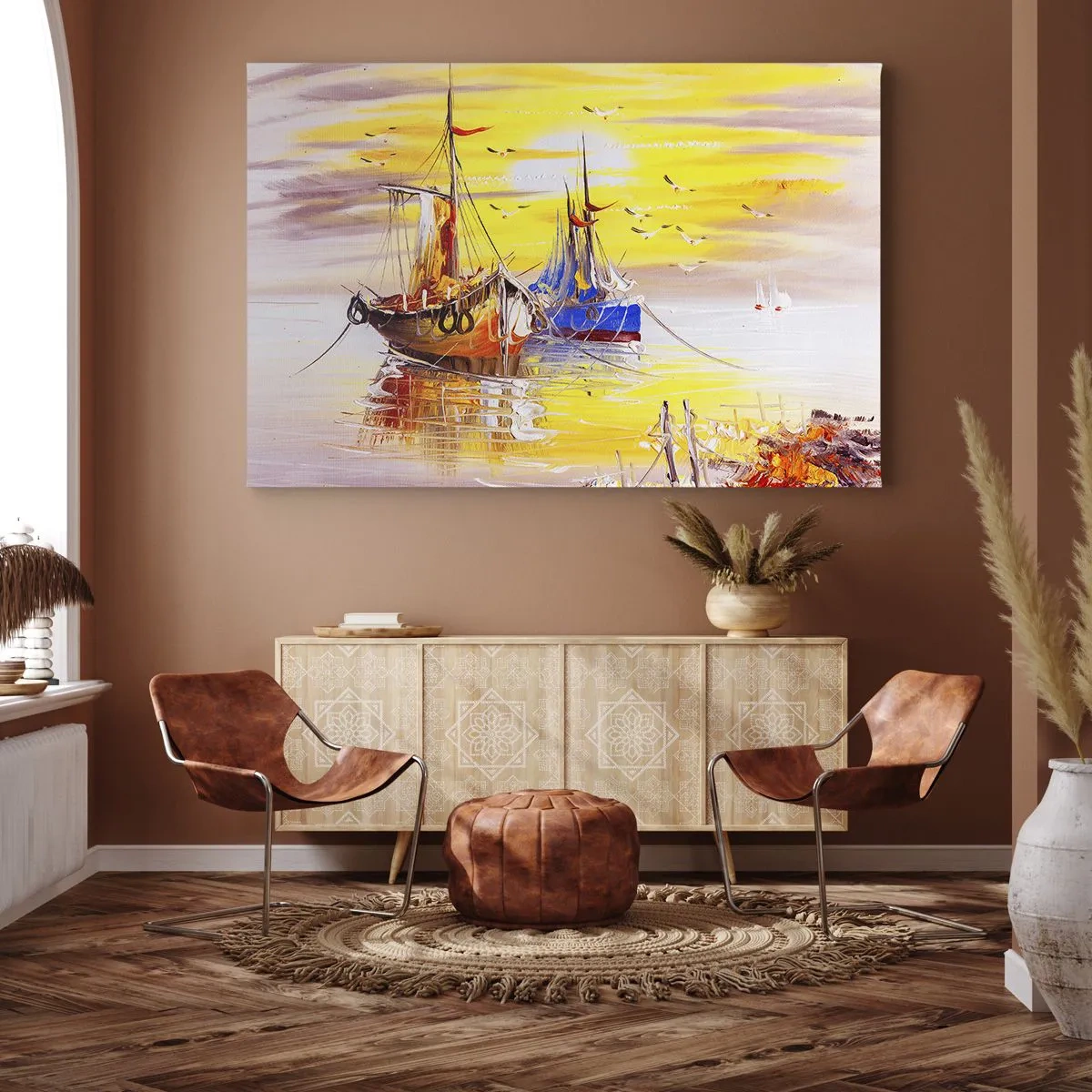 Tablou pe pânză Canvas - O scenă picturală cu bărci pe o mare calmă - 70x50cm - O binemeritată odihnă în port - Decorațiune modernă pentru perete pentru living și dormitor ARTTOR