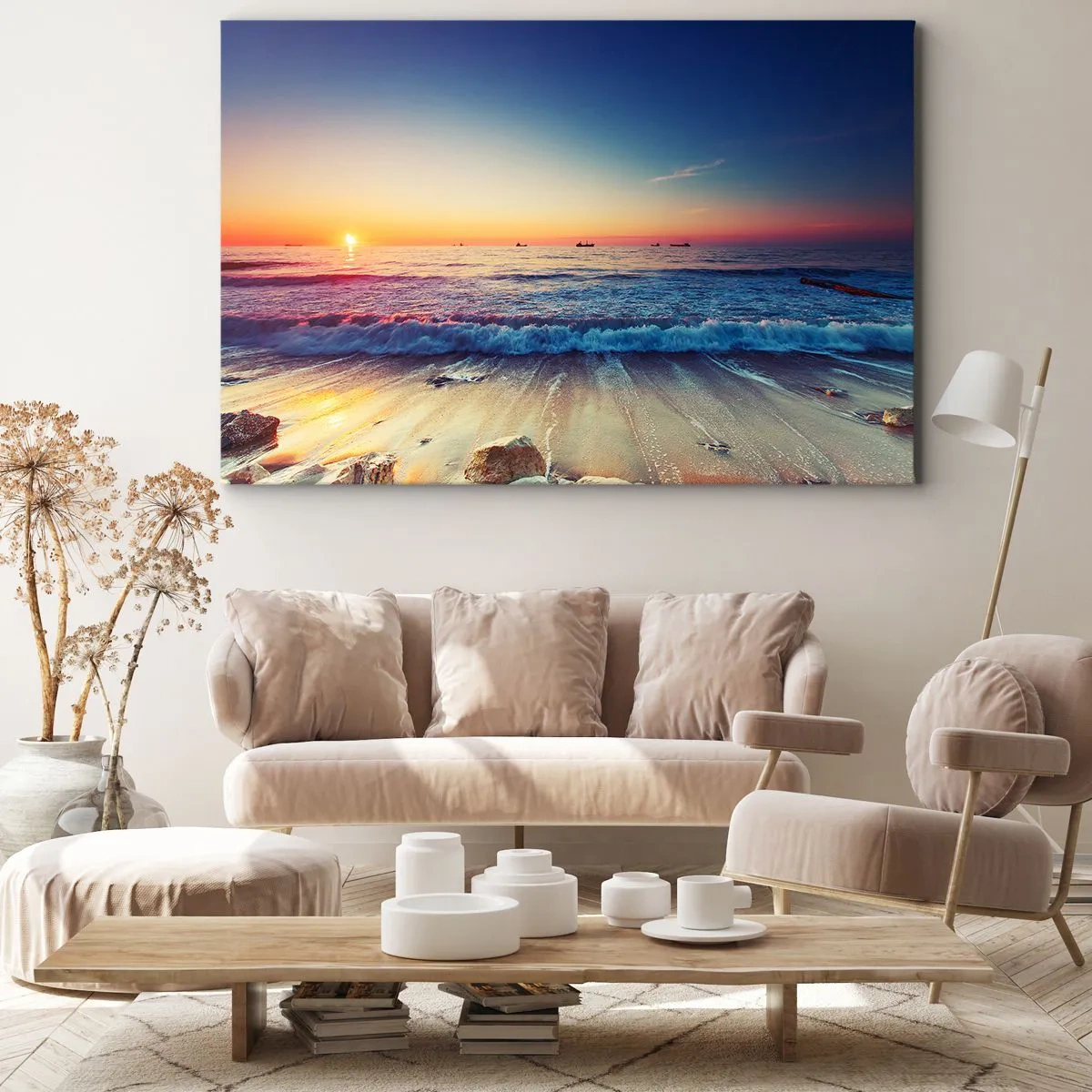 Tablou pe pânză Canvas - Apus de soare peste o mare calmă cu valuri - 70x50cm - Și ce este dincolo de orizont? - Decorațiune modernă pentru perete pentru living și dormitor ARTTOR