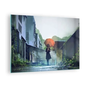 Tablou pe sticlă - figură cu o umbrelă portocalie pe o stradă ploioasă - 70x50cm - Ploaie revitalizantă - Decorațiune modernă pentru perete pentru living și dormitor ARTTOR