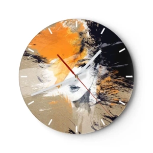 Ceas de perete - Ceas pe sticlă - Portret abstract al unei femei în nuanțe calde de portocaliu și bej. - 30x30cm - Și se face lumină - Decorațiune modernă pentru perete pentru living, bucătărie și dormitor ARTTOR
