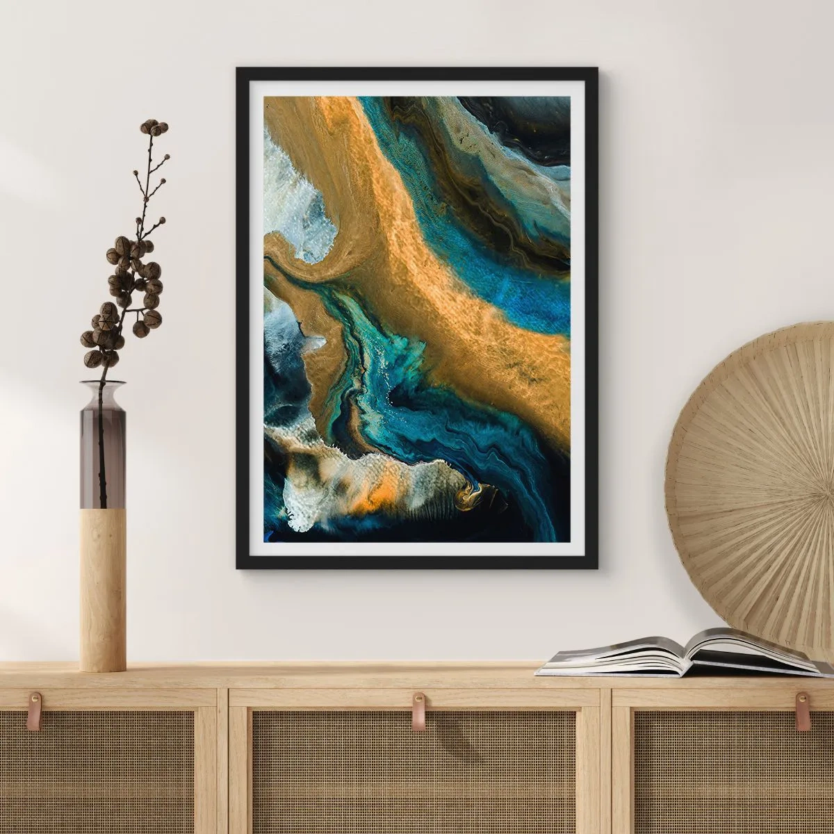 Poster în ramă neagră - Albastru - galben - influență reciprocă - 61x91 cm