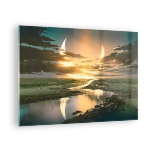 Tablou pe sticlă - Un peisaj fantastic cu o lună dublă deasupra râului - 70x50cm - Undeva într-o galaxie foarte, foarte îndepărtată - Decorațiune modernă pentru perete pentru living și dormitor ARTTOR