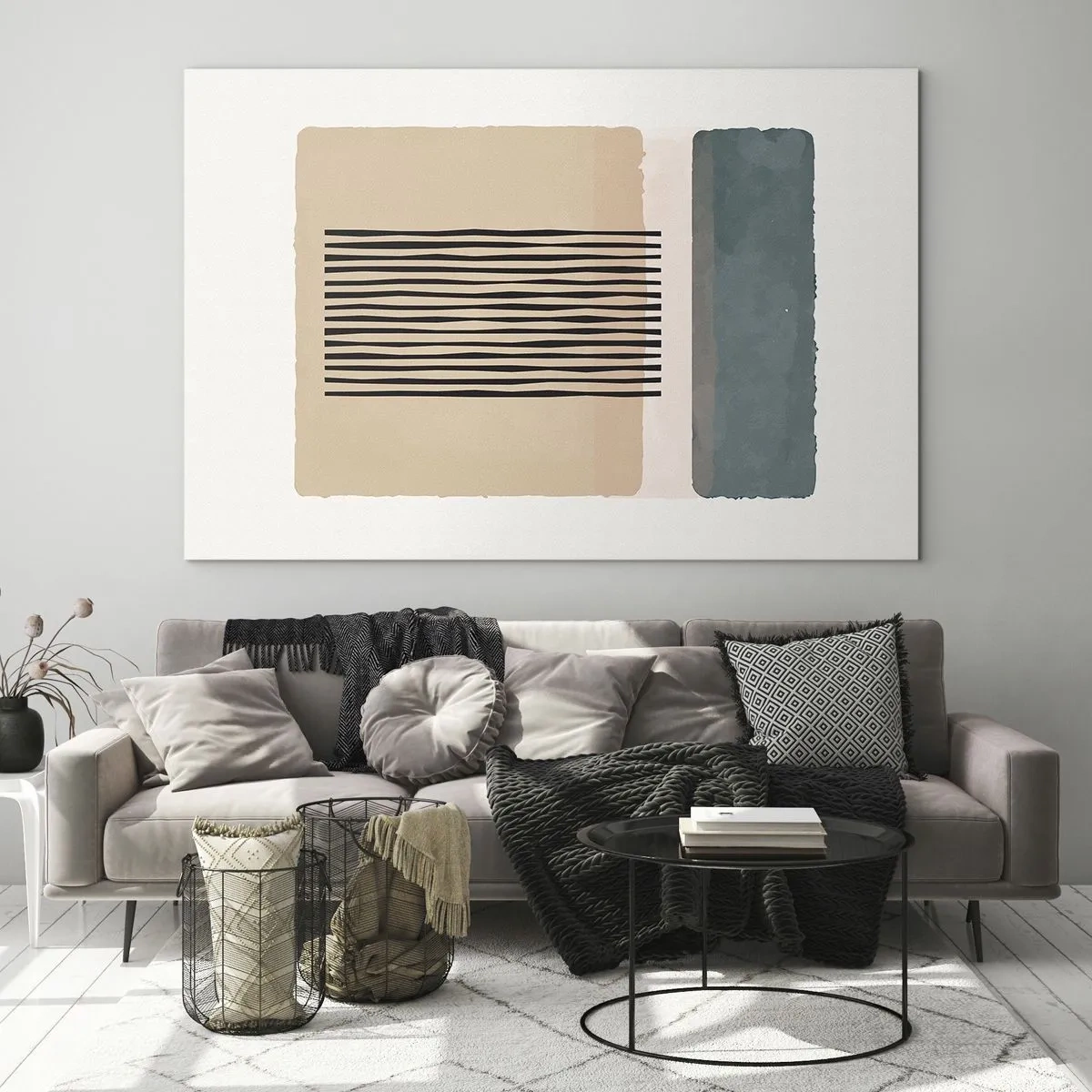 Tablou pe sticlă - Compoziție geometrică cu dungi și blocuri de culoare - 70x50cm - Totul este în regulă - Decorațiune modernă pentru perete pentru living și dormitor ARTTOR