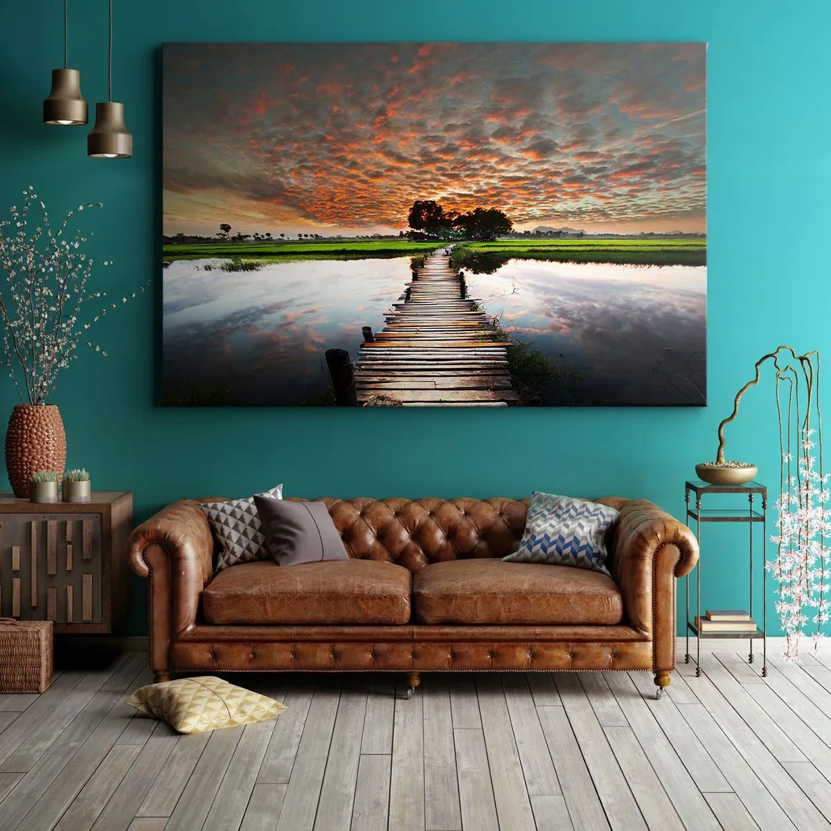 Tablou pe pânză Canvas - Pod de lemn peste apă la apus - 70x50cm - Întindeți brațele - respirați - Decorațiune modernă pentru perete pentru living și dormitor ARTTOR