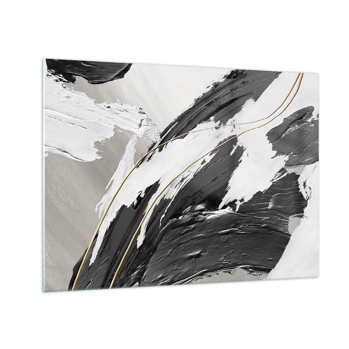 Tablou pe sticlă - Tușe dinamice de alb-negru cu accent auriu - 70x50cm - Abstracție cu fler - Decorațiune modernă pentru perete pentru living și dormitor ARTTOR