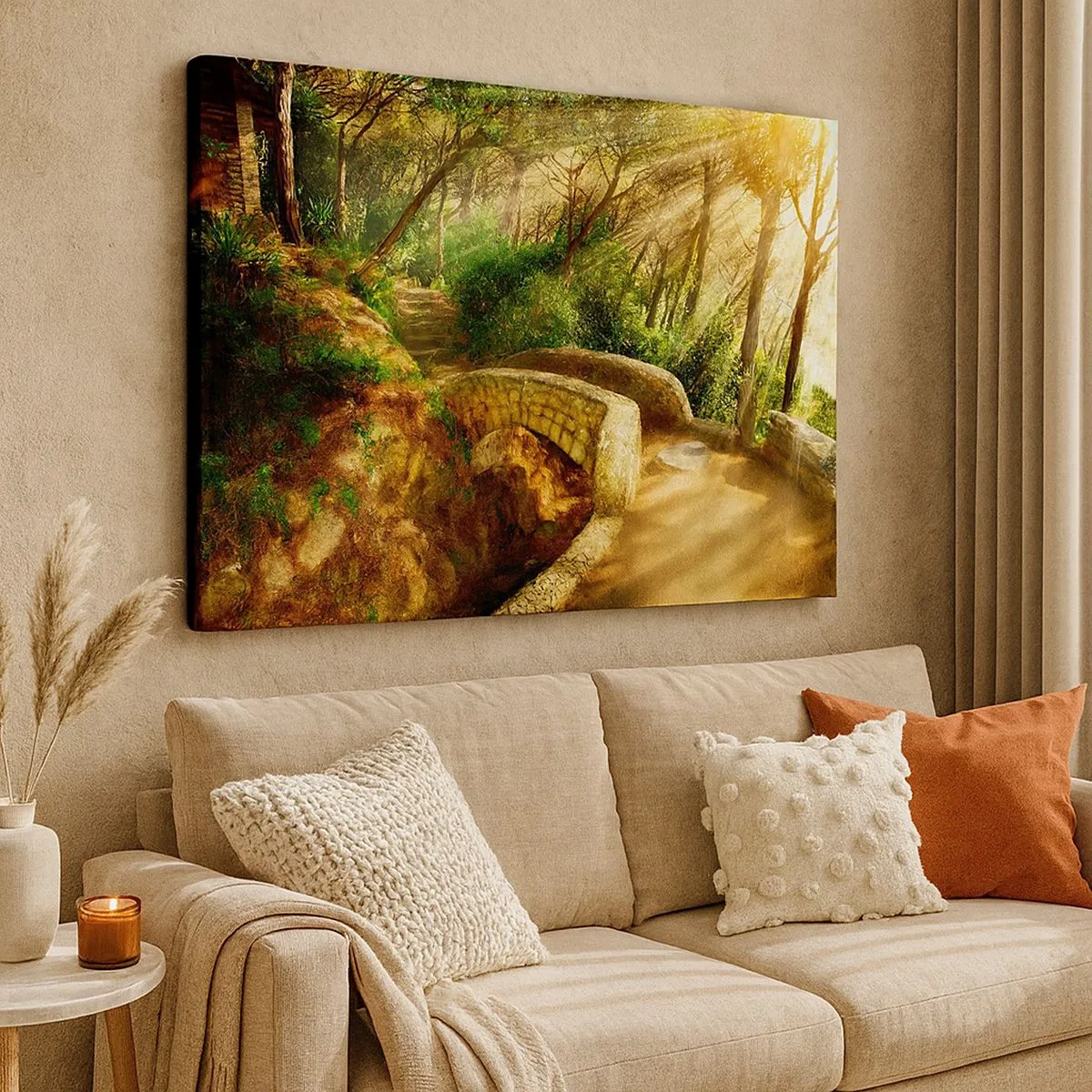 Tablou pe pânză Canvas - Peisaj forestier cu raze de soare și un pod de piatră - 70x50cm - Direct de pe pod în pădurea de basm - Decorațiune modernă pentru perete pentru living și dormitor ARTTOR