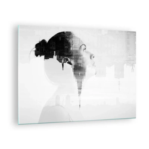 Tablou pe sticlă - Silueta unei femei cu elemente arhitecturale în fundal - 70x50cm - Pe ambele părți ale geamului - Decorațiune modernă pentru perete pentru living și dormitor ARTTOR